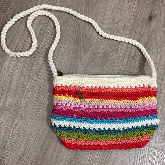 Vtg Croft & Barrow Crochet Knit Striped Shoulder Bag Multicolor Boho Nautical - Picture 1 of 8